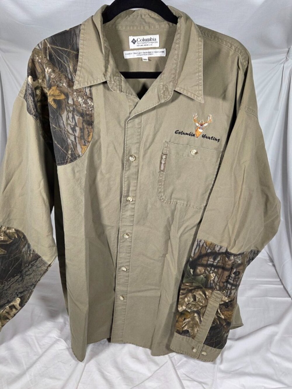 Columbia Hunting Shirt Men XXL Long Sleeve Camo Patch Tan Cotton Button Up